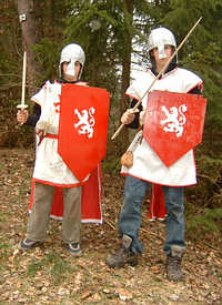 Complex knight’s armour and cloak with coat of arms, wooden shield and wooden sword, helmet made from an old plastic ball, shaped with papier machee and a protection peak made from papier machee. 