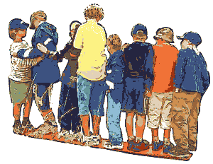 get acquainted games: he entire group must stand on a board. On command, they line up by alphabet, height or age in the right order without speaking. No player is allowed to step off of the board and touch the ground.